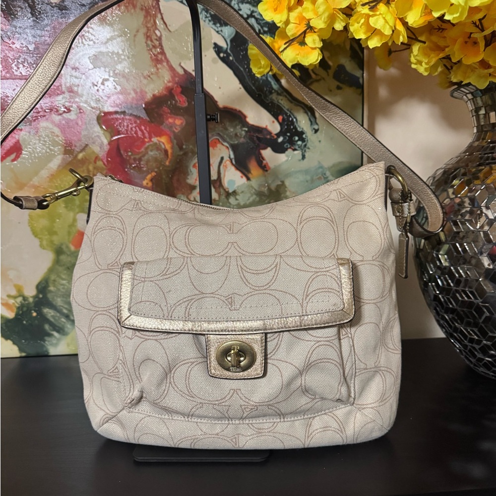 Coach Cream Shoulder Bag with Signature Pattern